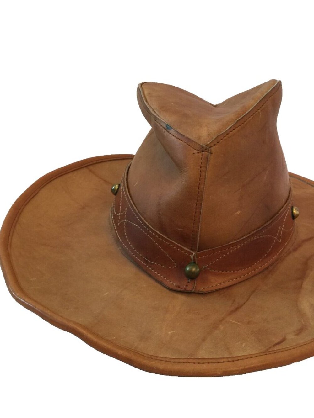 VINTAGE LEATHER COWBOY HAT BROWN TAN MADE IN USA SIZE S 22" WESTERN OUTBACK BOHO